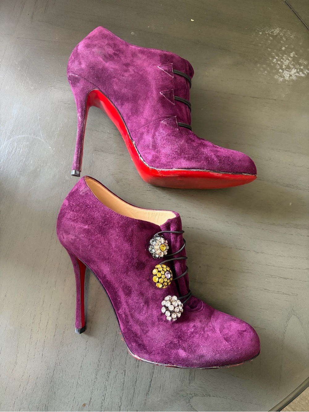 Christian Louboutin Purple Suede Jeweled Lace-Up Booties - Picture 2 of 6